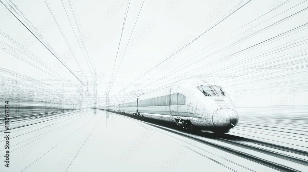 Naklejka premium A high-speed train depicted in a dynamic, abstract style emphasizing motion and speed.