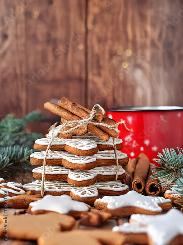 Ein festliches vertikales Arrangement mit weihnachtlichen Leckereien: gestapelte Lebkuchen, mit Schnur gebundene Zimtstangen und eine dampfende Tasse mit heißer Schokolade auf einer rustikalen Holzflä photo