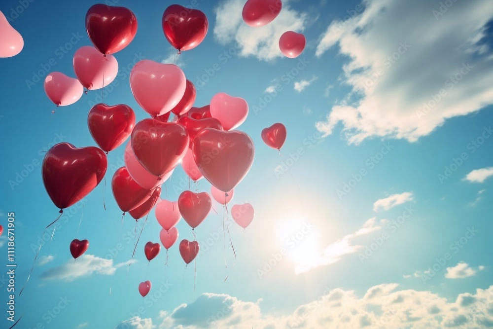 Group of Red and Pink Heart Balloons Floating in the Sky Against a Blue Sky with Scattered Clouds Group of Red and Pink Heart Balloons Floating in the Sky Against a Blue Sky with Scattered Clouds