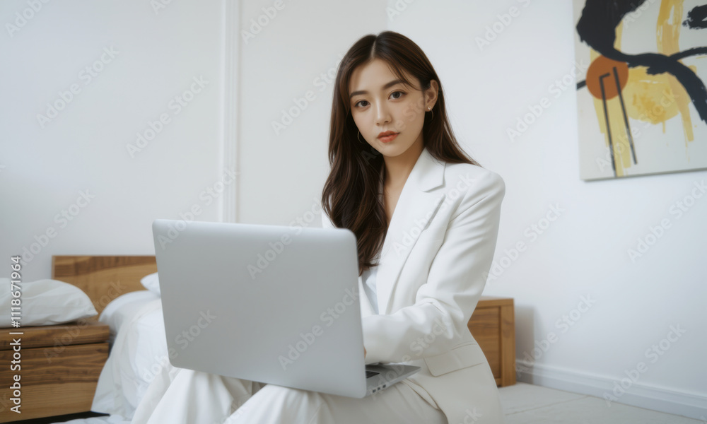 business woman in white suit working on laptop in modern room, exuding professionalism and focus. minimalist decor enhances atmosphere business woman in white suit working on laptop in modern room, exuding professionalism and focus. minimalist decor enhances atmosphere