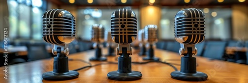 Minimalist digital conference call scene light icons like microphones and webcams complemented by clean gradients and blank areas photo