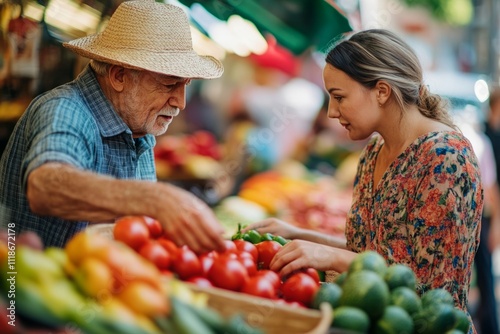 A vibrant market scene capturing an elderly vendor sharing fresh tomatoes with a young woman. Colorful produce surrounds them. A moment of connection. Generative AI photo