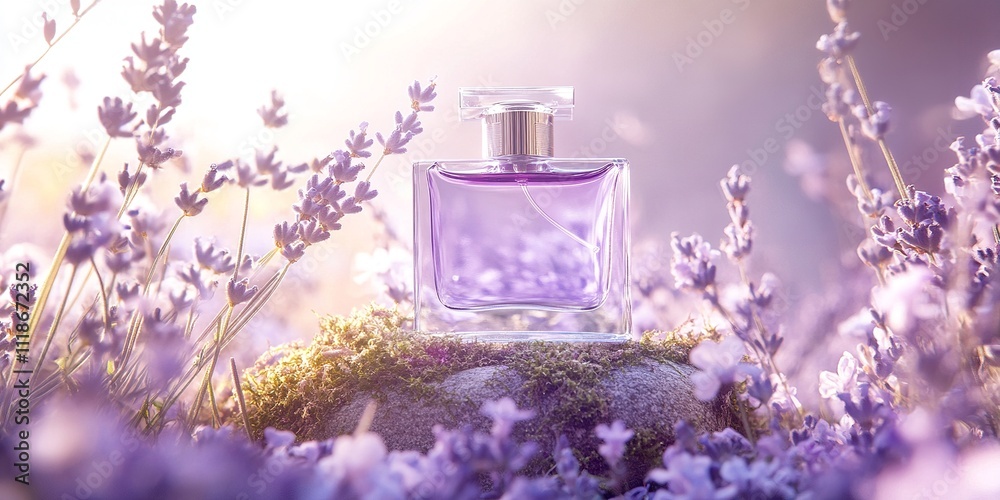 Violet Perfume Bottle on Stone with Lavender Moss, Surrounded by Purple and White Flowers Violet Perfume Bottle on Stone with Lavender Moss, Surrounded by Purple and White Flowers