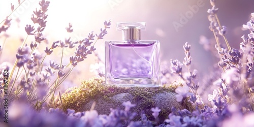 Violet Perfume Bottle on Stone with Lavender Moss, Surrounded by Purple and White Flowers photo