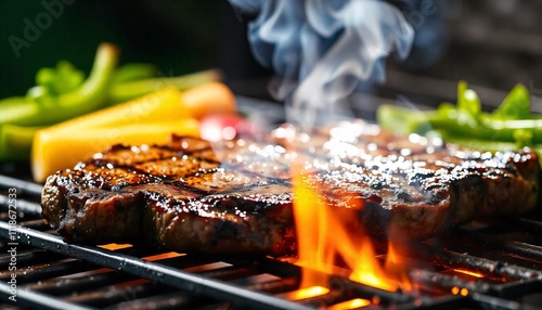 delicious grilled steak meat with vegetables on barbecue grill with smoke and flames. popular outdoor summer activity for friends and family