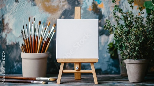 Blank canvas and paintbrushes on a mini wooden easel, surrounded by a potted plant and a plain wooden tripod.