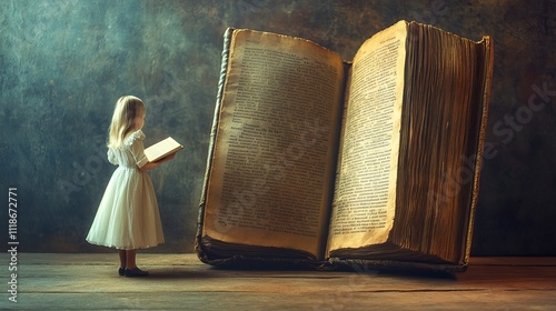  Little woman with large book concept