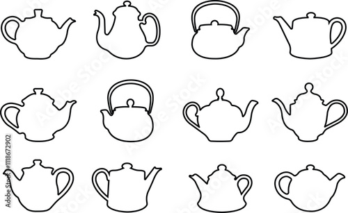 Tea pot icon in line style set. isolated on transparent background Tea kettle or teapot sign and symbol. teapots, drinking coffee pot. Abstract design Logotype art vector for apps website