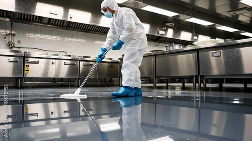 Worker in Protective Suit Cleaning a Sterile Industrial Facility with Polished Floors and Stainless Steel Equipment

 photo