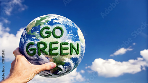 Obraz na płótnie Hand holding planet earth with go green text isolated on blue sky, copy space area, environmental template, background w salonie