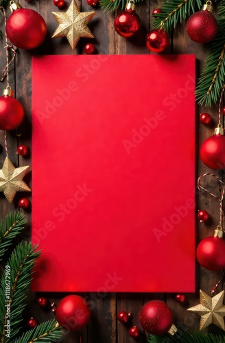 Top down view, flat, In the center is template of large red rectangular color paper on wood background. Around red color paper lying festive christmas decorations