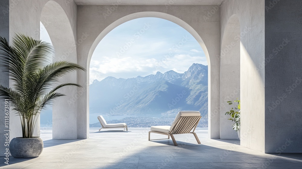 Fototapeta premium Minimalism design of a terrace with a chair in front of an arcade with a view to a mountain