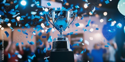 Blue Trophy Raised High with Shimmering Blue and White Confetti in a Festive Celebration photo