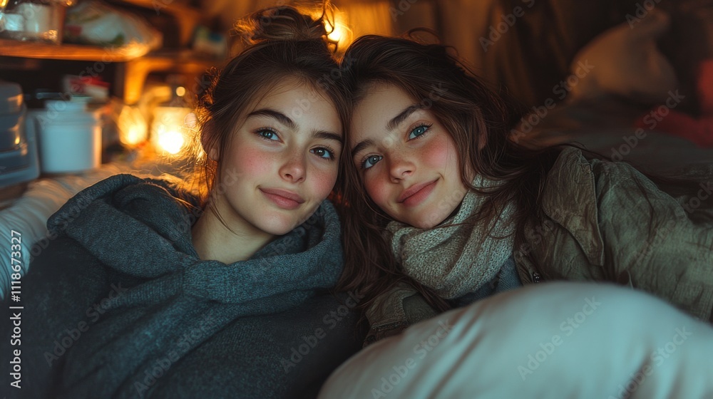 Two girls relax together in a cozy cabin, wrapped in blankets and surrounded by warm lights. They share smiles, creating a warm atmosphere of friendship and comfort. Two girls relax together in a cozy cabin, wrapped in blankets and surrounded by warm lights. They share smiles, creating a warm atmosphere of friendship and comfort.
