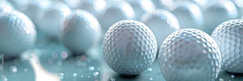 Fototapeta premium Golf balls are arranged closely together, casting reflections. Concept of leisure and sports equipment. For illustrating sports or golfing content.