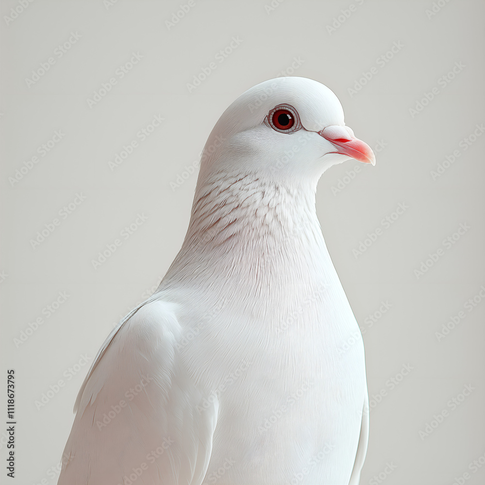 Realistic portrait of a white dove, showcasing its smooth feathers and delicate features, set against the minimalistic off-white background. Realistic portrait of a white dove, showcasing its smooth feathers and delicate features, set against the minimalistic off-white background.