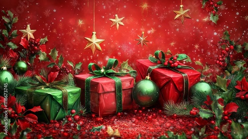 Rich Christmas background with wrapped gifts, red and green baubles