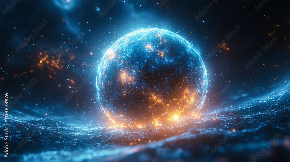 A glowing blue sphere emitting fiery orange light and intricate network lines, floating in a cosmic setting