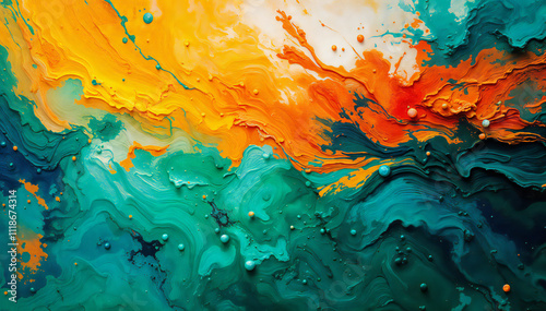 Vibrant abstract painting with bold brushstrokes of orange, yellow, and turquoise colors creating a dynamic and energetic composition.