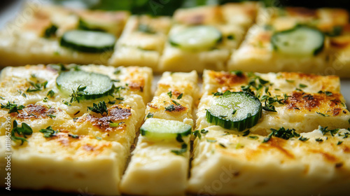 Delicious sliced cottage cheese flatbread with fresh herbs and cucumbers
