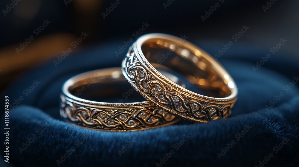 Elegant gold wedding rings with intricate design on dark blue velvet. Elegant gold wedding rings with intricate design on dark blue velvet.
