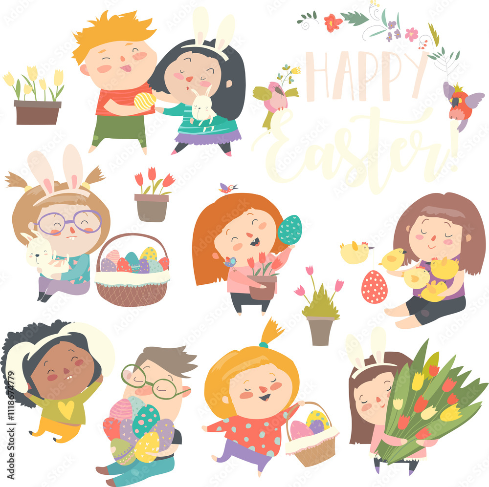 Cute little children with Easter theme. Happy Easter. Vector set Cute little children with Easter theme. Happy Easter. Vector set