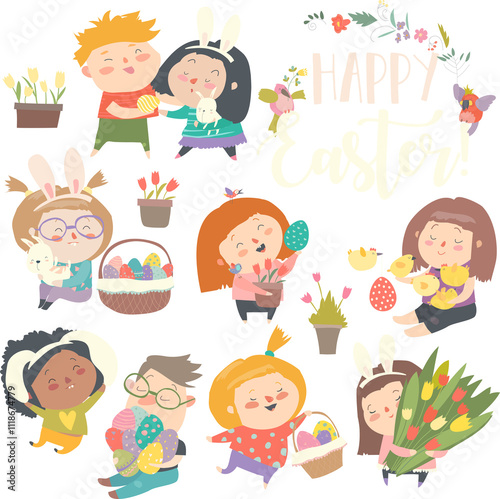 Cute little children with Easter theme. Happy Easter. Vector set