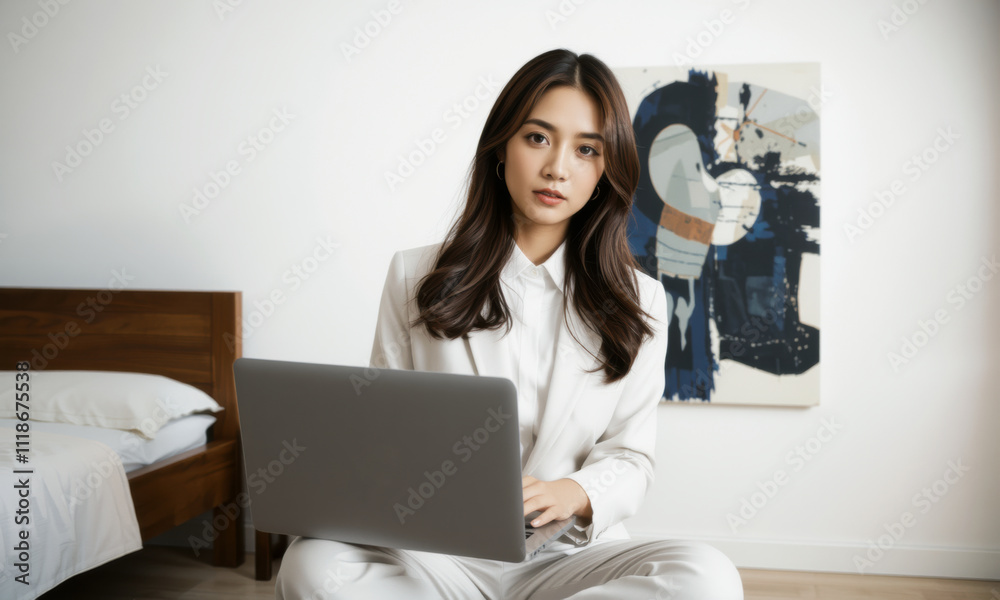 business woman in white suit working on laptop in modern room, exuding professionalism and focus. background features abstract art, enhancing workspace ambiance business woman in white suit working on laptop in modern room, exuding professionalism and focus. background features abstract art, enhancing workspace ambiance