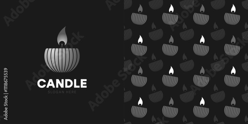 Stylish decorative candle on black background. Sign or logo template. Seamless background for printing on paper, packaging, souvenirs 