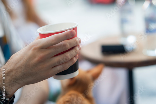 close up image of a young male hand holding a red paper cup with a blurred orange cat in the background