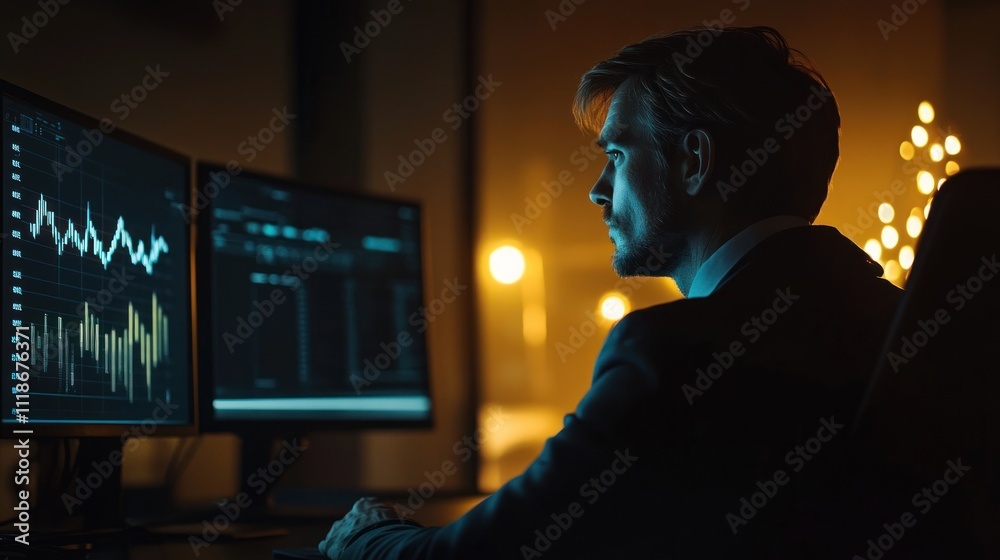 focused individual analyzes data on multiple screens in a dimly lit environment. focused individual analyzes data on multiple screens in a dimly lit environment.