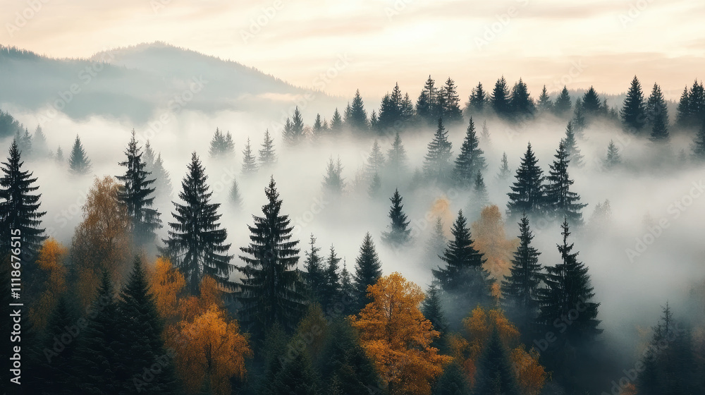 serene forest landscape with misty fog enveloping evergreen and autumn trees, creating tranquil and dreamy atmosphere under soft, cloudy sky serene forest landscape with misty fog enveloping evergreen and autumn trees, creating tranquil and dreamy atmosphere under soft, cloudy sky