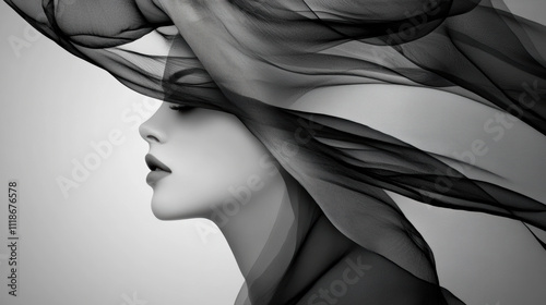 graceful woman with flowing black fabric creates ethereal and smoky effect, blending elegance and mystery in monochromatic composition