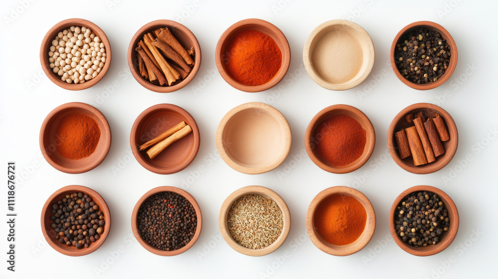 variety of organic spices in wooden bowls, including cinnamon, peppercorns, cumin, and paprika, arranged neatly on white background for culinary inspiration variety of organic spices in wooden bowls, including cinnamon, peppercorns, cumin, and paprika, arranged neatly on white background for culinary inspiration