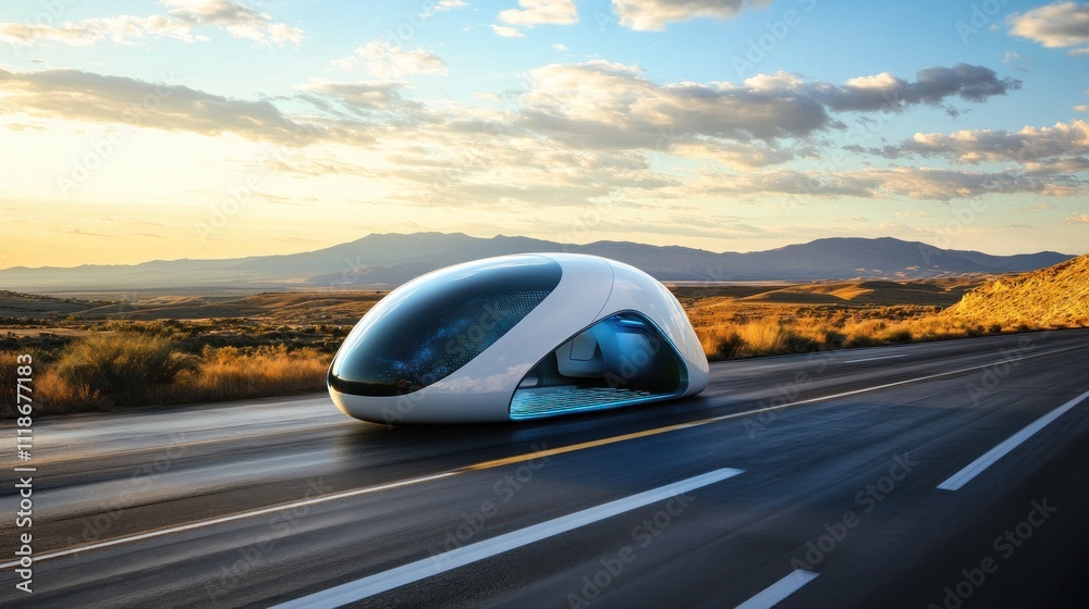 Futuristic autonomous vehicle driving on a scenic highway at sunset. Futuristic autonomous vehicle driving on a scenic highway at sunset.