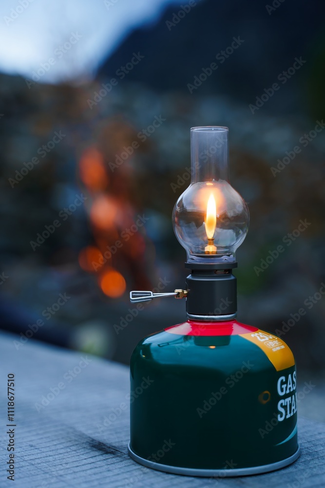 Close-up of a lit camping lantern hanging from a pole in an outdoor setting