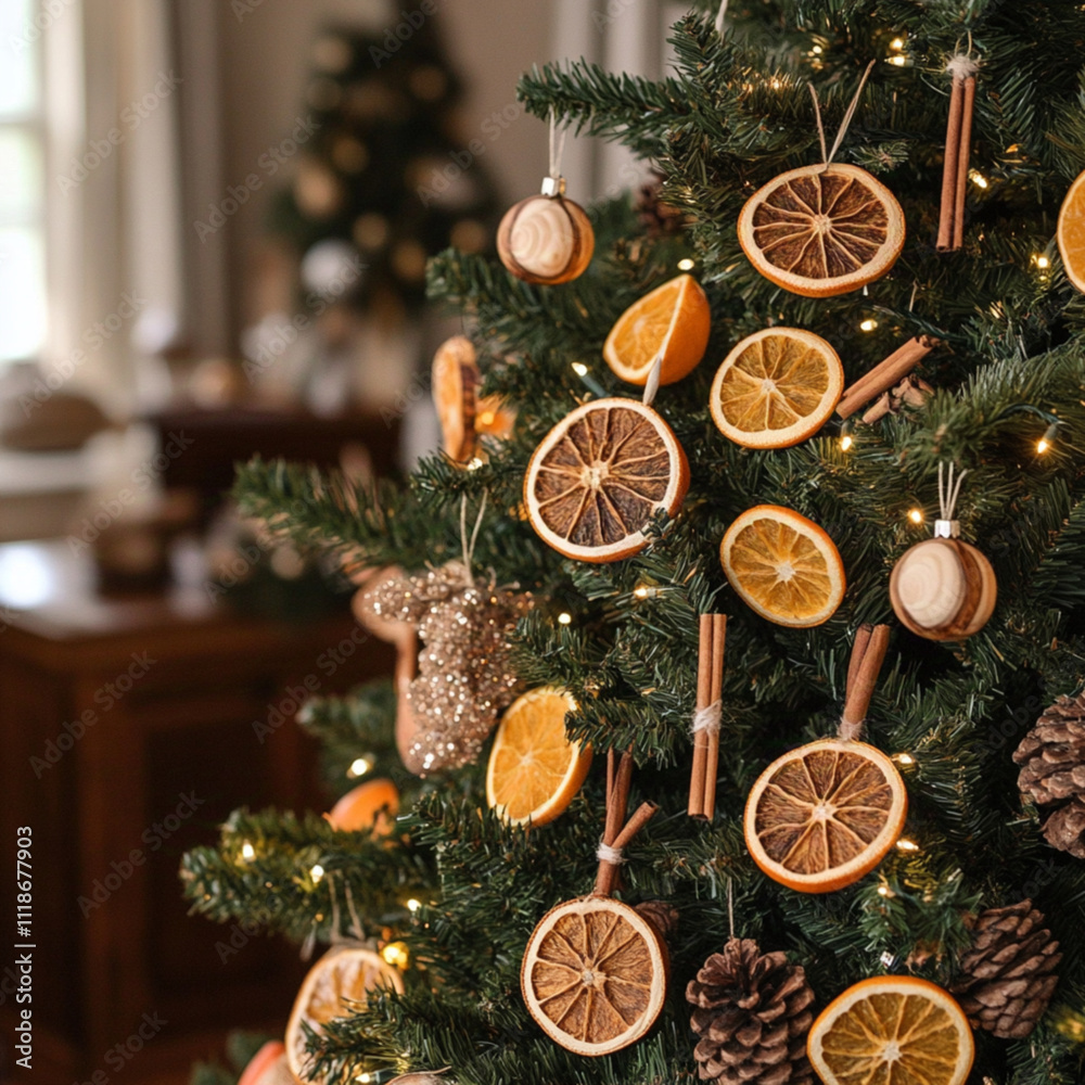 A Christmas tree decorated with dried orange slices, cinnamon sticks, and handmade wooden ornaments. A Christmas tree decorated with dried orange slices, cinnamon sticks, and handmade wooden ornaments.