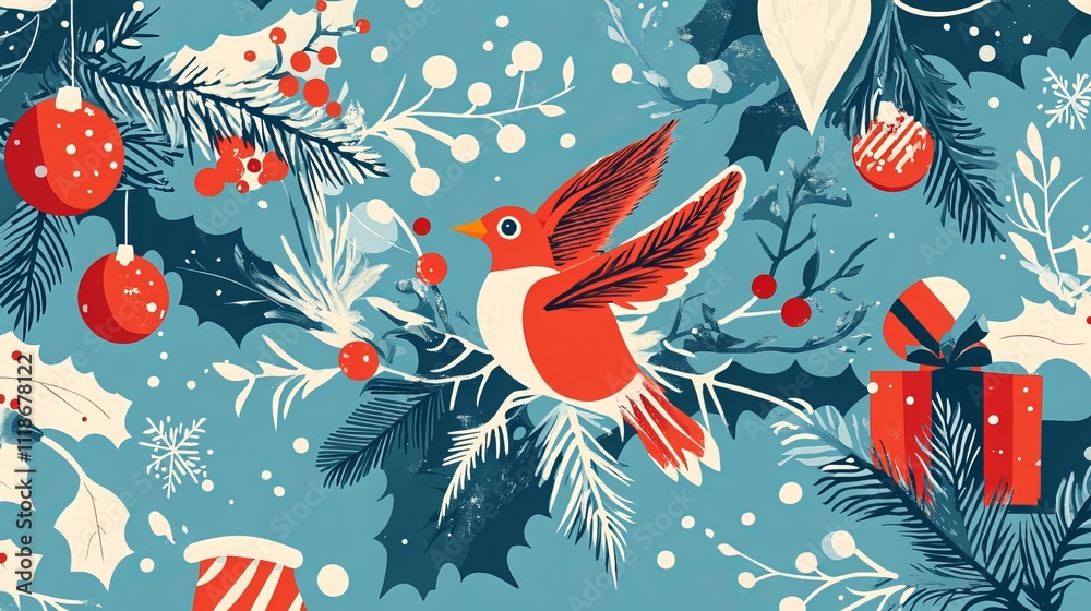 Naklejka premium Festive banner featuring Christmas-themed elements on a magical blue background. Perfect for websites, promotions, and print, it captures the spirit of the winter season with its intricate vector 