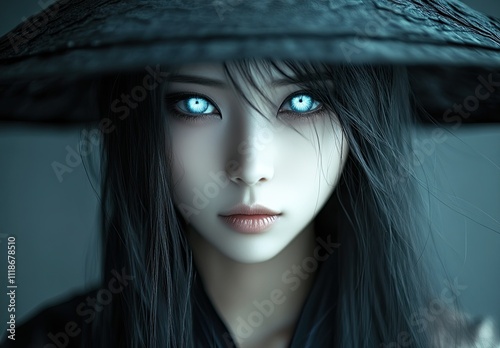 Enigmatic Beauty: Cinematic Portrait of a Mysterious Korean Woman in Blue Lighting