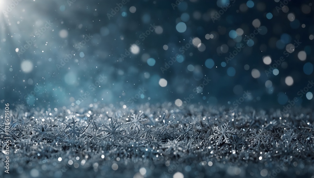 Fototapeta premium A dark, frosty ground covered in tiny ice crystals, with light shining from above. Many small, light-colored spots are falling.