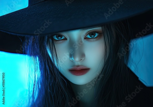 Enigmatic Beauty: Cinematic Portrait of a Mysterious Korean Woman in Blue Lighting
