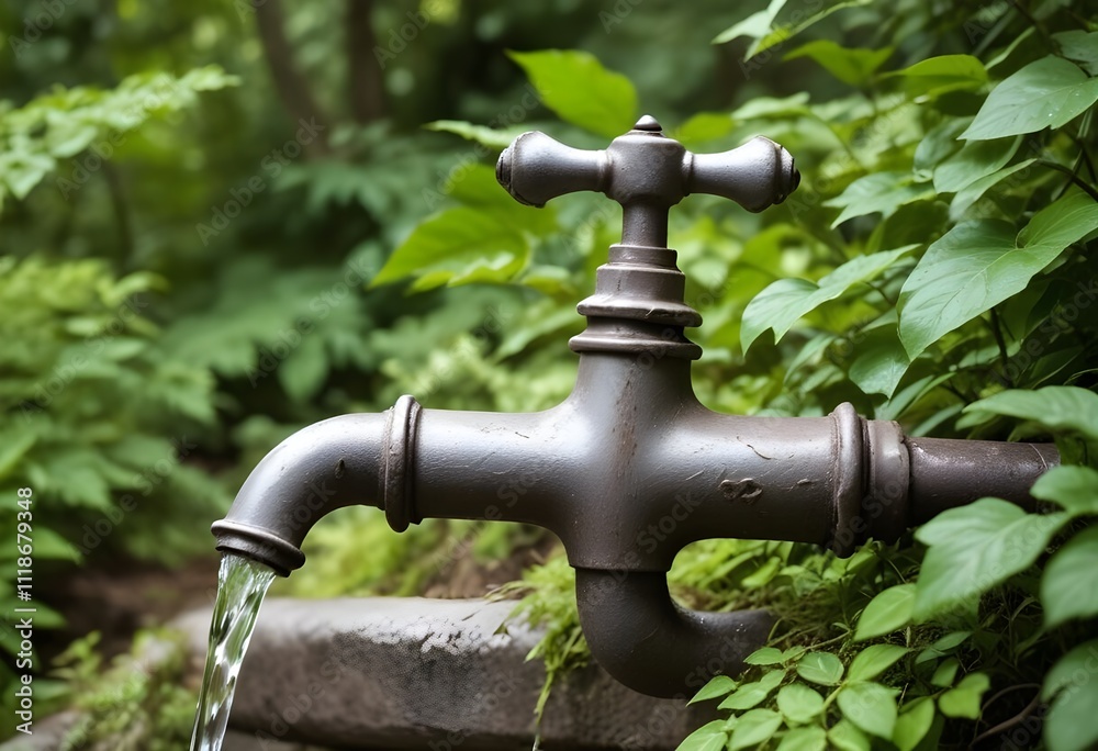 An old metal faucet with running water in a natural outdoor setting, surrounded by lush green foliage An old metal faucet with running water in a natural outdoor setting, surrounded by lush green foliage