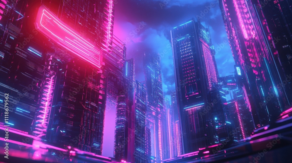 Obraz premium A vibrant, futuristic cityscape illuminated by neon lights and digital structures.