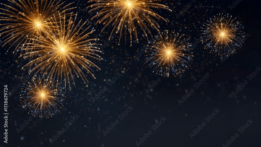 Naklejka premium Golden fireworks explode against a dark night sky.