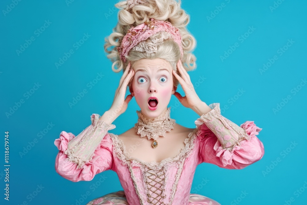Fototapeta premium Photo of shocked charming lady british queen wear pompous pink ruches gown corset sit floor isolated on blue color background 