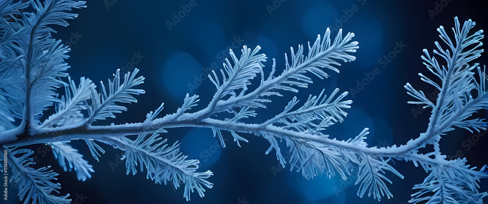 a frosted evergreen branch pattern overlaying a deep blue snowy background a frosted evergreen branch pattern overlaying a deep blue snowy background