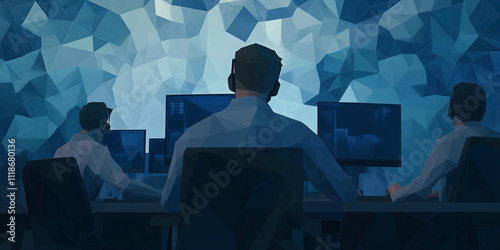 Modern workplace three professionals working remotely. Seated around a table, using laptops creative business. Flat design blue simple minimalist illustration