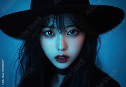 Enigmatic Beauty: Cinematic Portrait of a Mysterious Korean Woman in Blue Lighting