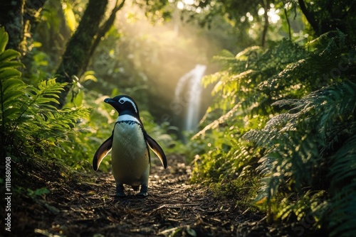 Magellanic penguin waddling through a lush tropical forest path illuminated by golden sunlight with a waterfall in the background, blending wildlife and exotic nature