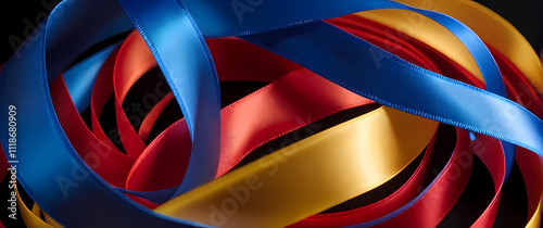 Wallpaper Mural close up of a pile of ribbon curls in bright yellow electric blue and fiery red glistening under warm lighting Torontodigital.ca